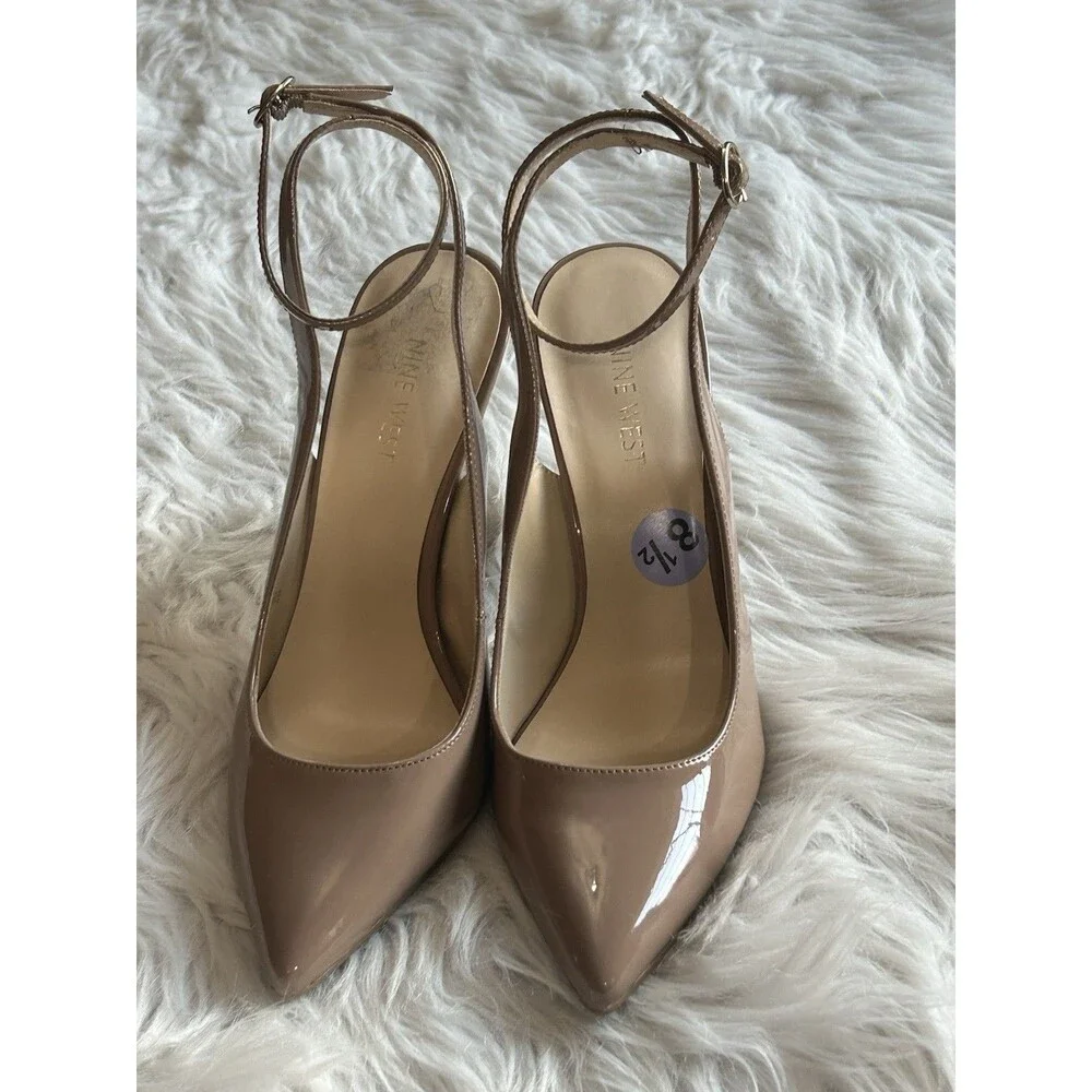 Nine West Women's Size 8.5 Nude Patent Leather Teapot Heels Shoes NWOB CAREER